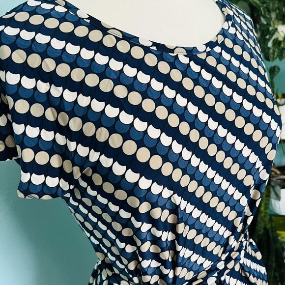 Tacera Sz S Tunic Dress Tie Belt Geometric Stretch Blue White Midi NWOT 0784 - Picture 5 of 6